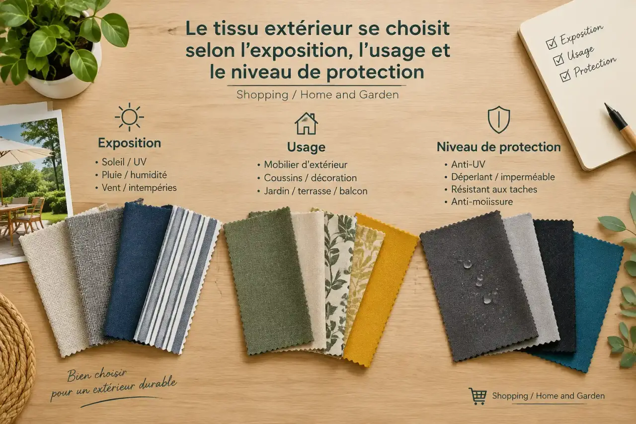 Le tissu extérieur se choisit selon l’exposition, l’usage et le niveau de protection