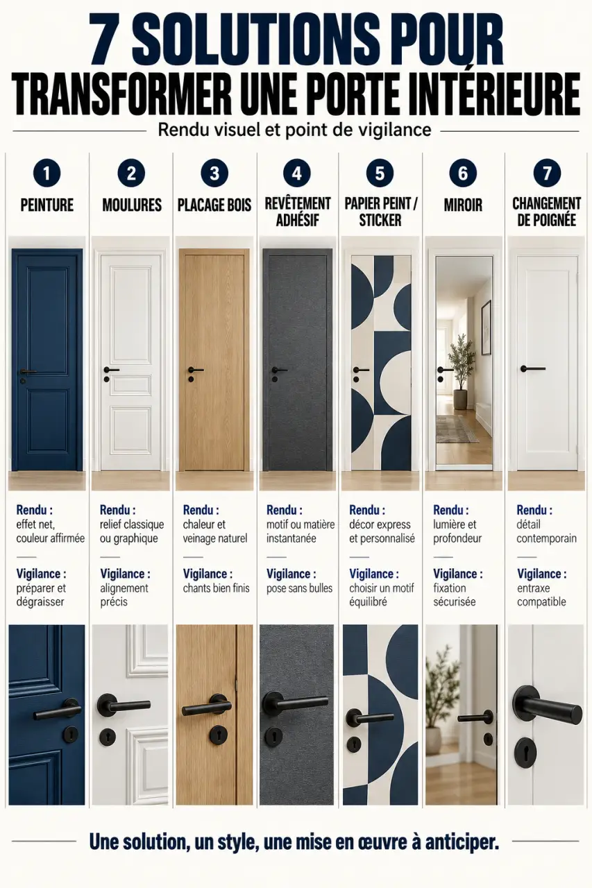 Infographie des solutions de décoration pour porte intérieure : peinture, moulures, placage, adhésif, papier peint, miroir et poignée