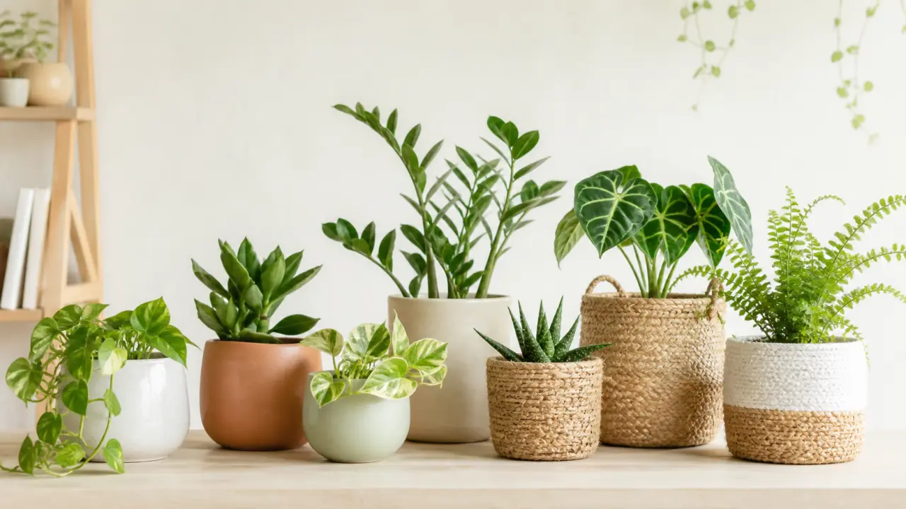 Salon lumineux avec plantes vertes dans des cache-pots en céramique et en fibres naturelles