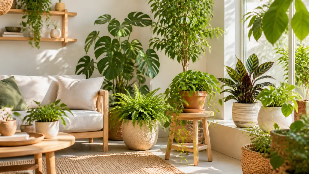 Salon lumineux avec grandes plantes vertes dans des pots artisanaux en terre cuite