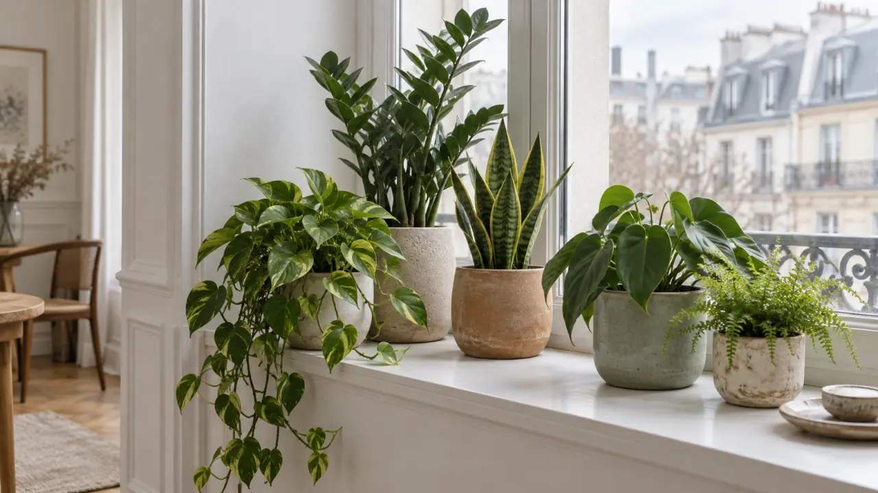 Rebord de fenêtre peu lumineux décoré avec des plantes vertes et des pots artisanaux