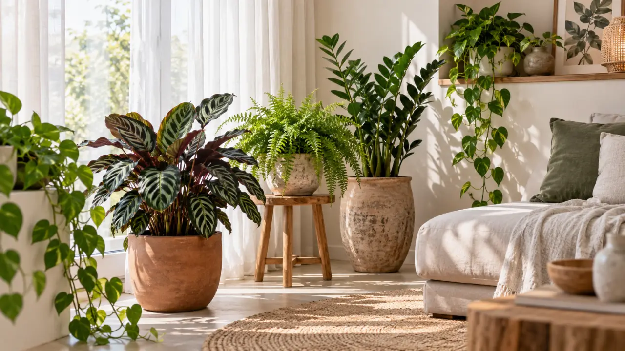 Salon lumineux avec des plantes d’intérieur installées dans des zones ombragées