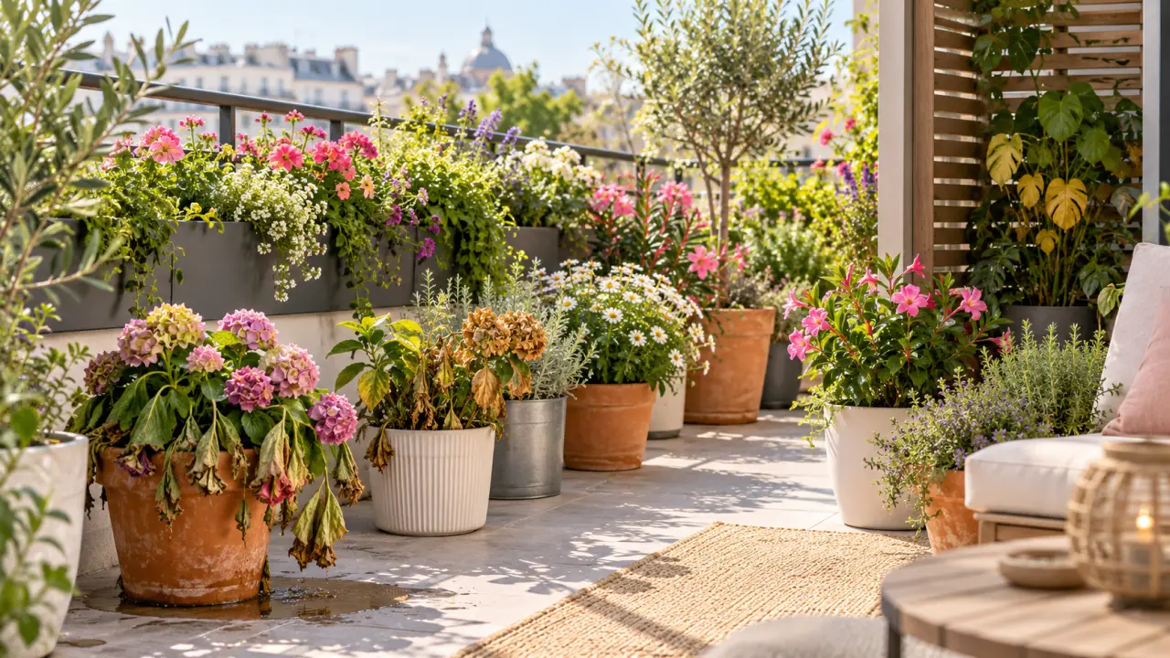 Balcon fleuri avec des plantes en pots et des jardinières harmonieuses