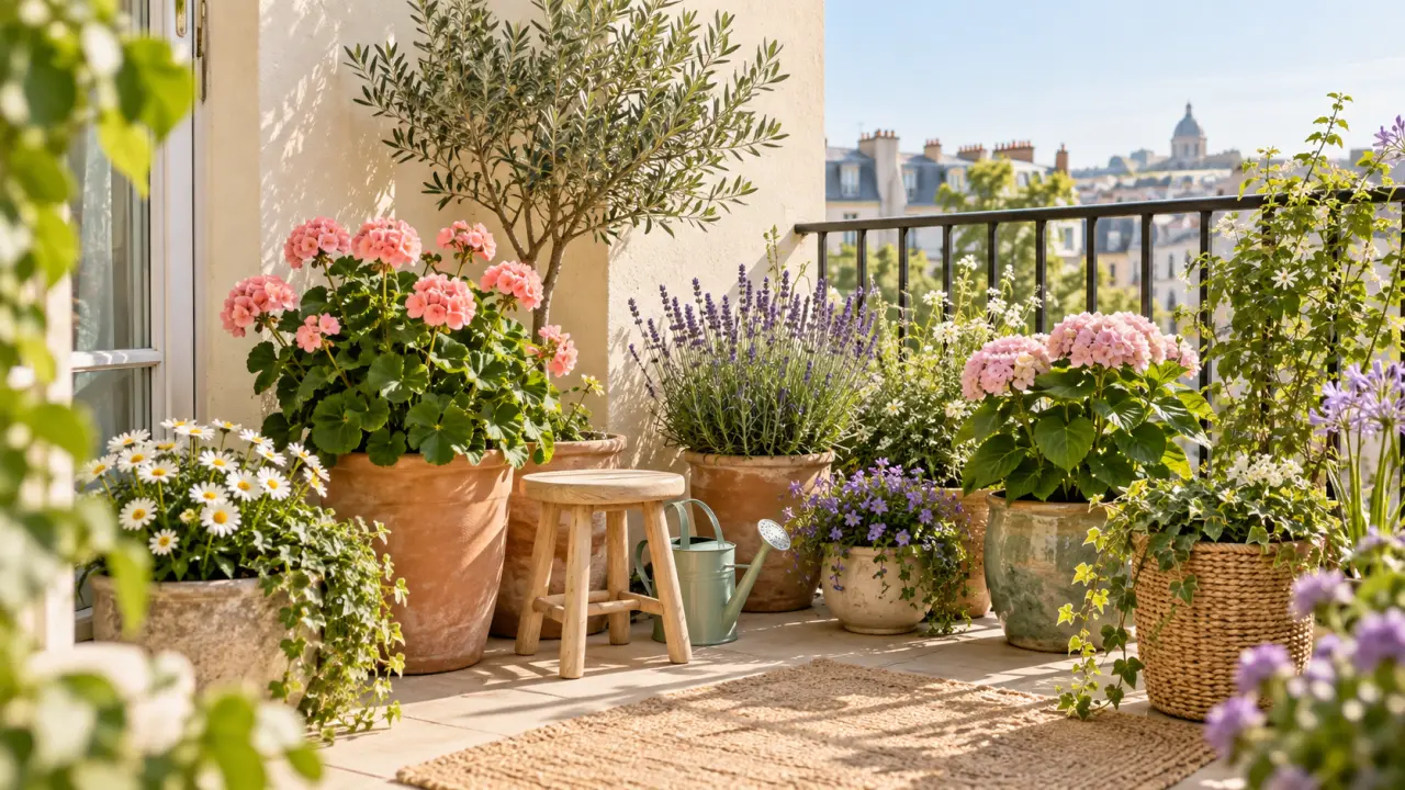 Balcon fleuri composé de plantes colorées dans des jardinières et des pots artisanaux