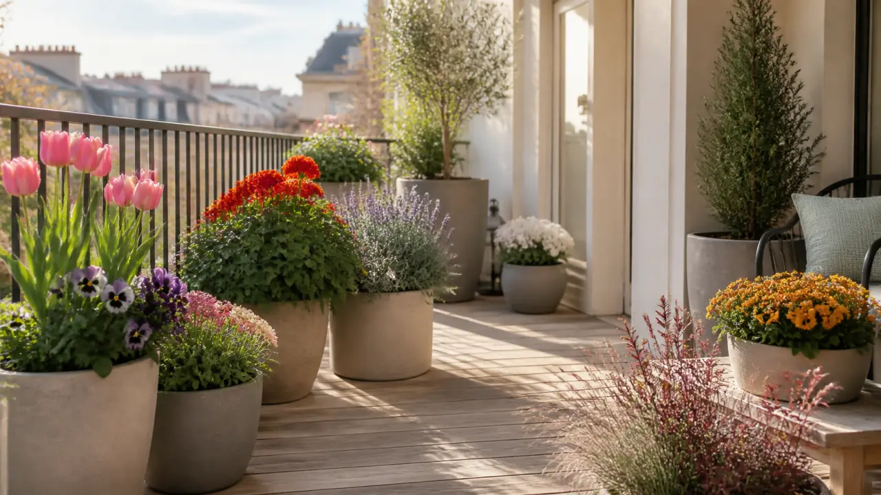 Balcon fleuri baigné de lumière avec pots en terre cuite et plantes de saison