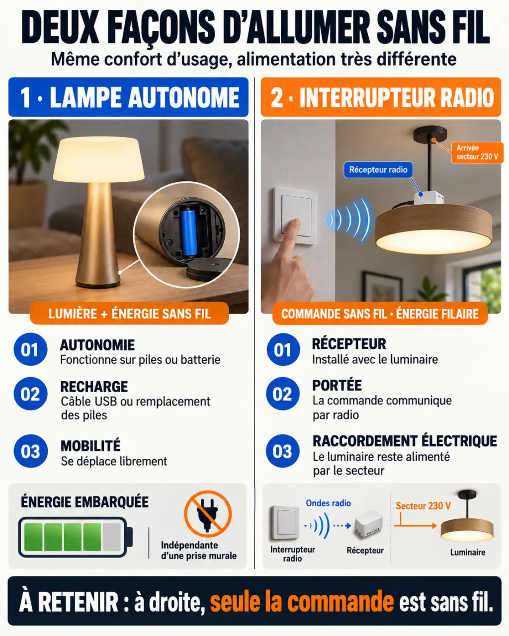 Infographie comparative sur l'éclairage sans fil intérieur : lampe autonome et interrupteur radio