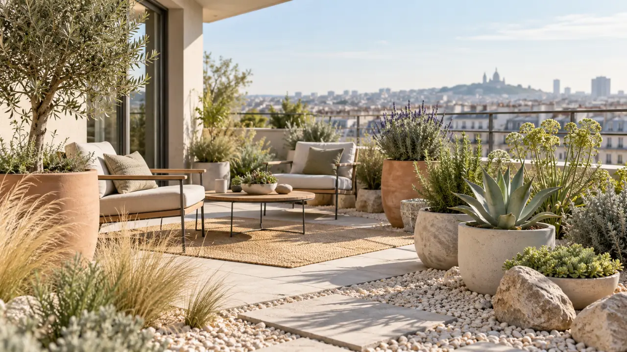 Balcon urbain aménagé dans un esprit de jardin sec avec graminées, plantes méditerranéennes et pots minéraux