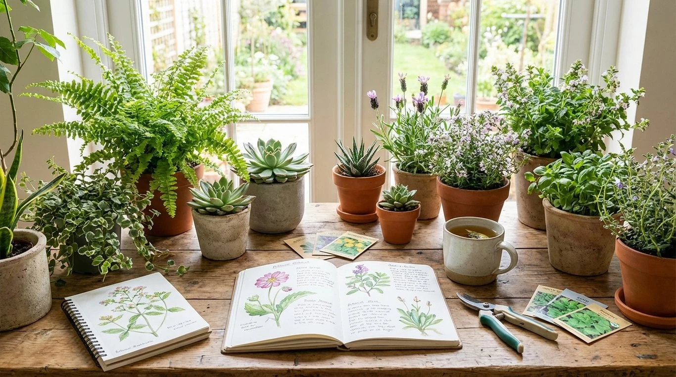 Personne rempotant délicatement une petite plante sur un plan de travail en marbre avec des outils en laiton et des pots vides autour