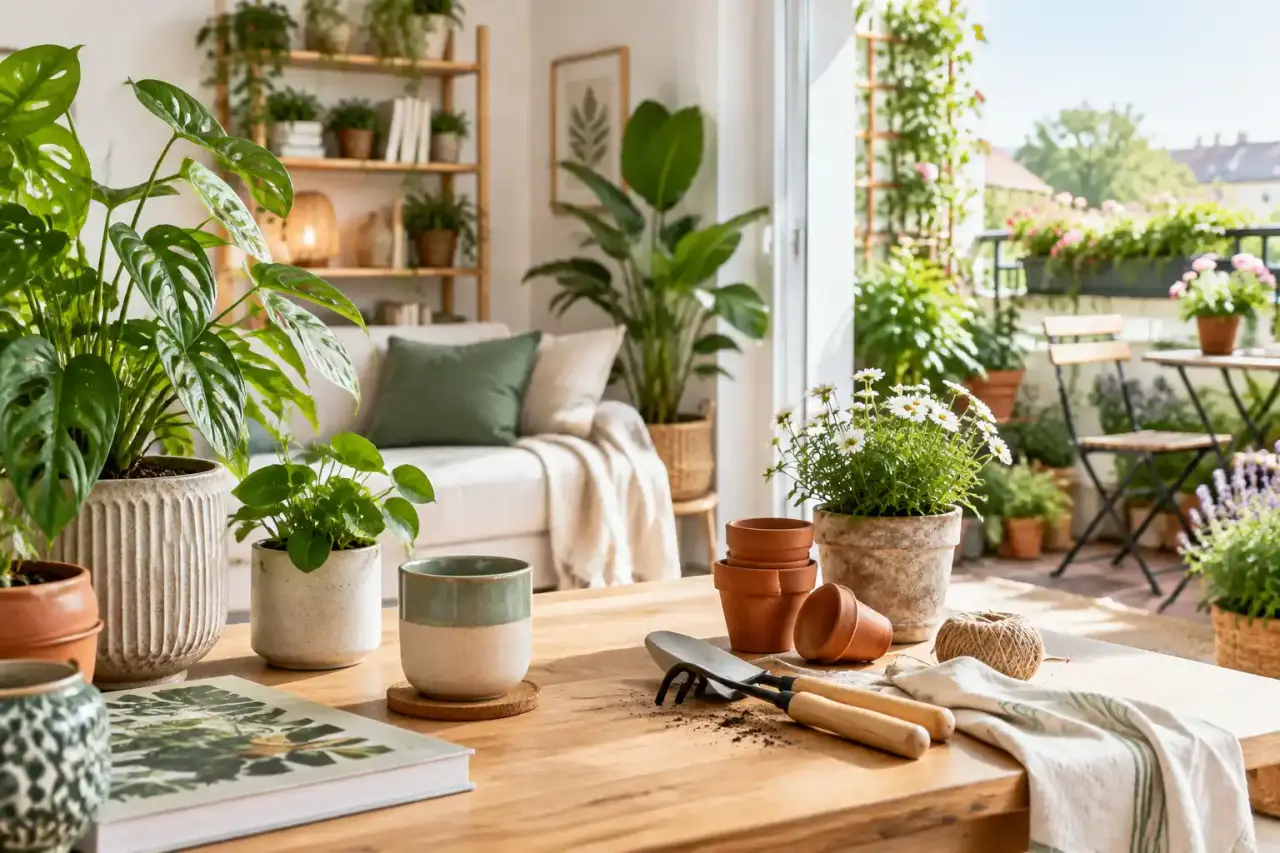Intérieur lumineux décoré harmonieusement avec des plantes vertes et des pots artisanaux
