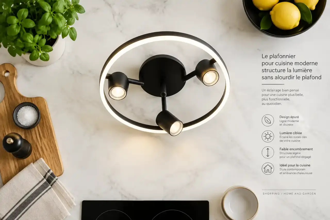 Le plafonnier pour cuisine moderne structure la lumière sans alourdir le plafond