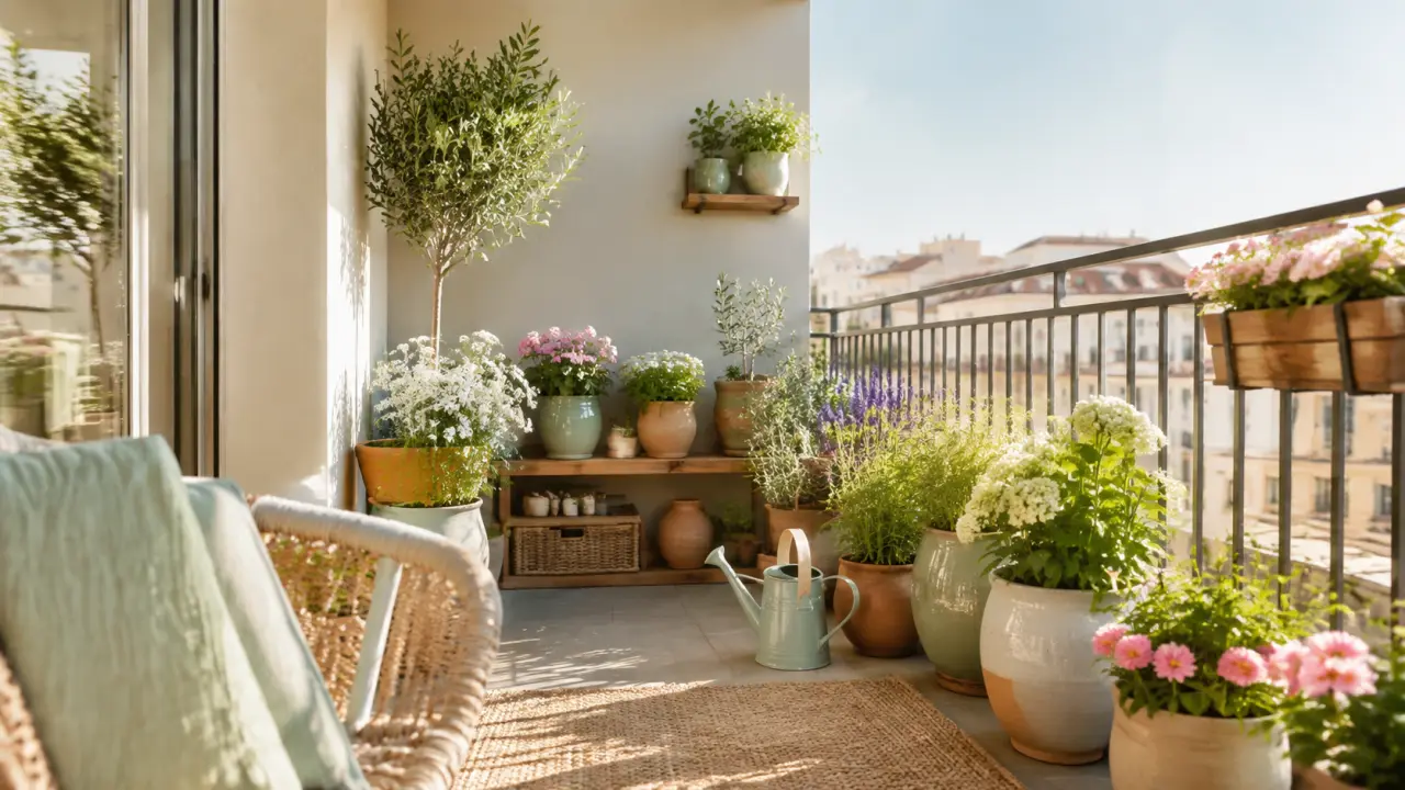 Balcon fleuri lumineux avec pots en terre cuite et feuillage généreux