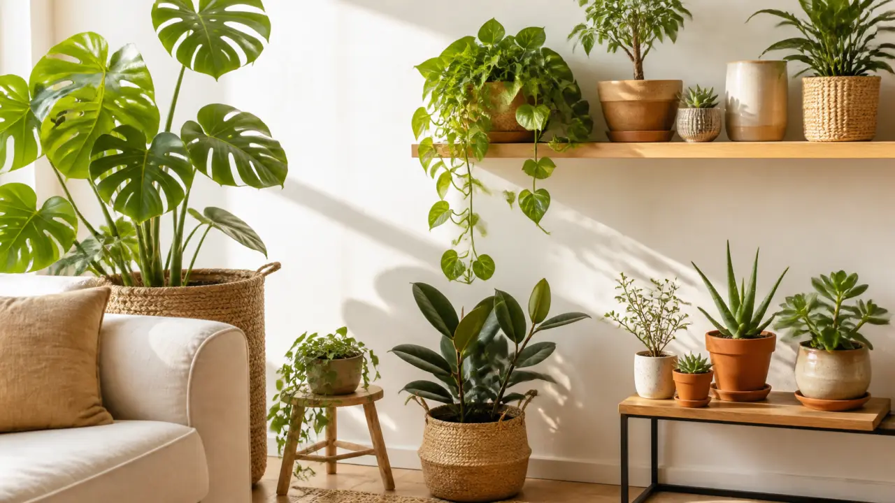 Salon lumineux décoré de plantes vertes dans des pots artisanaux
