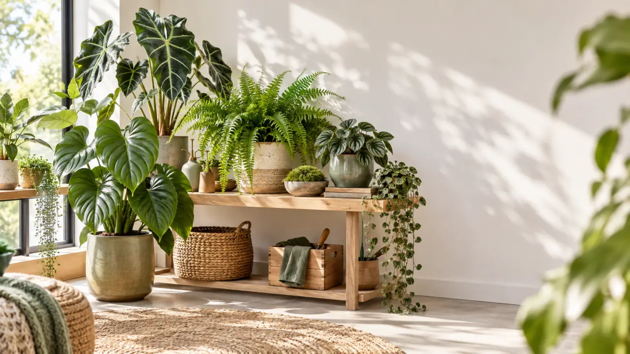 Salon lumineux décoré de plantes aux feuillages texturés et de pots artisanaux