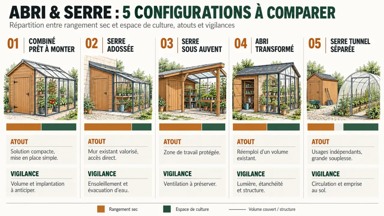 Infographie comparative des solutions d’abri de jardin et serre
