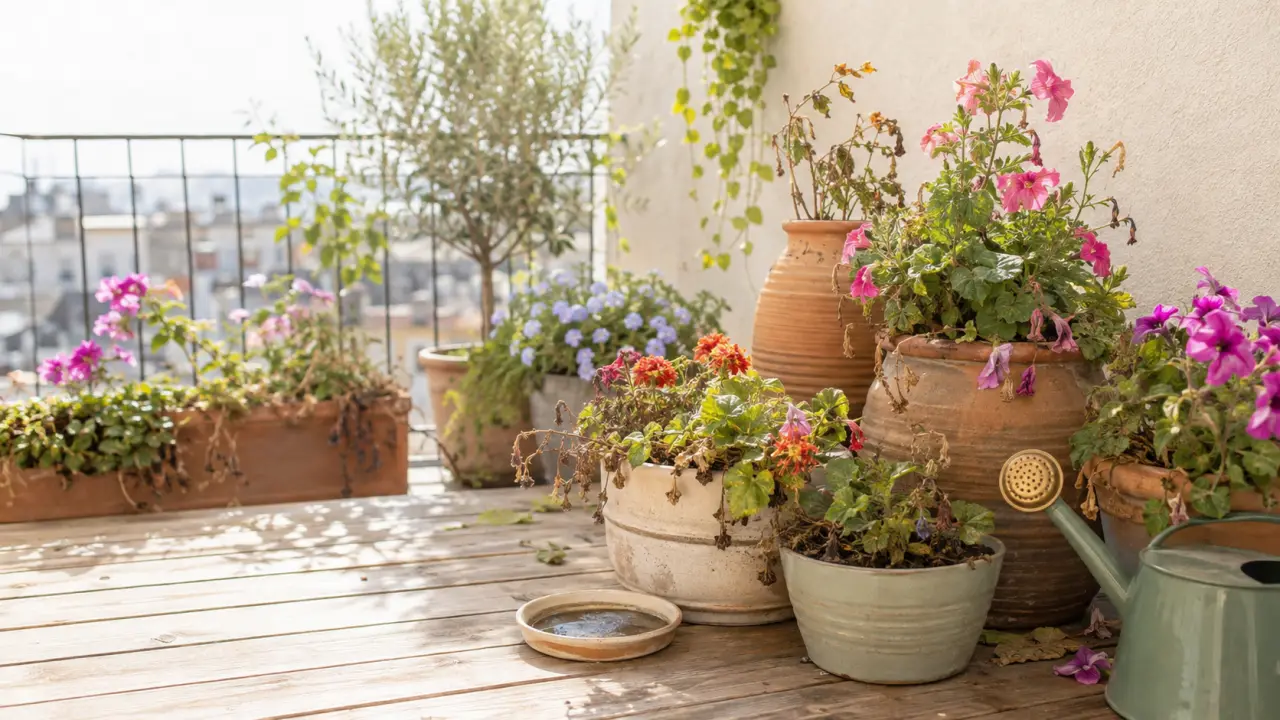 Balcon fleuri en été avec plantes en pots et lumière naturelle