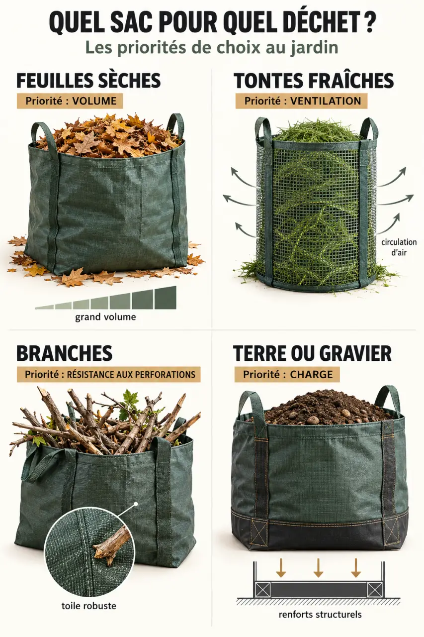 Infographie sur les sacs pour jardinage selon les déchets verts, l’humidité et le poids