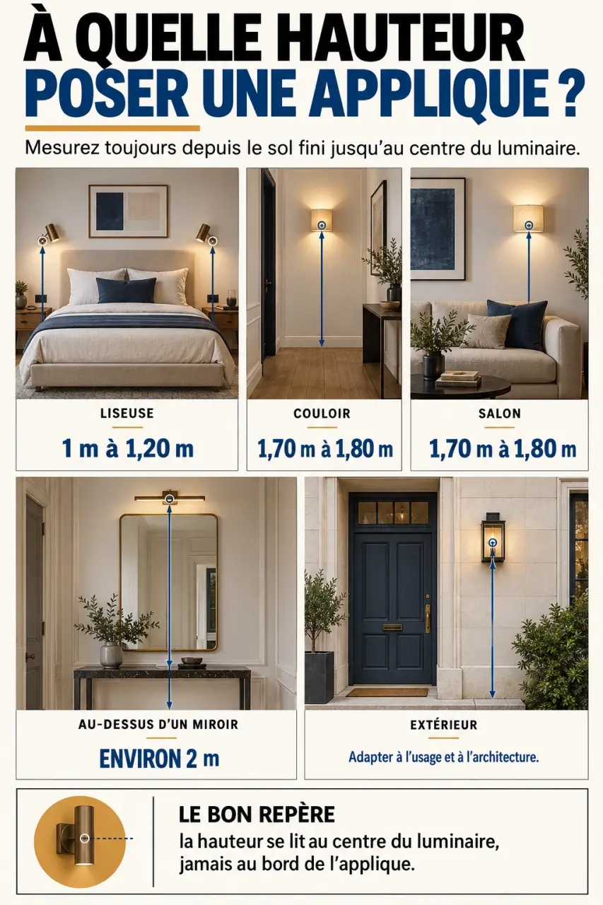 Infographie sur la hauteur applique murale selon la pièce et l’usage