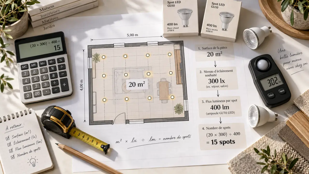 Le nombre de spots par m² se calcule avec les lux, les lumens et la pièce