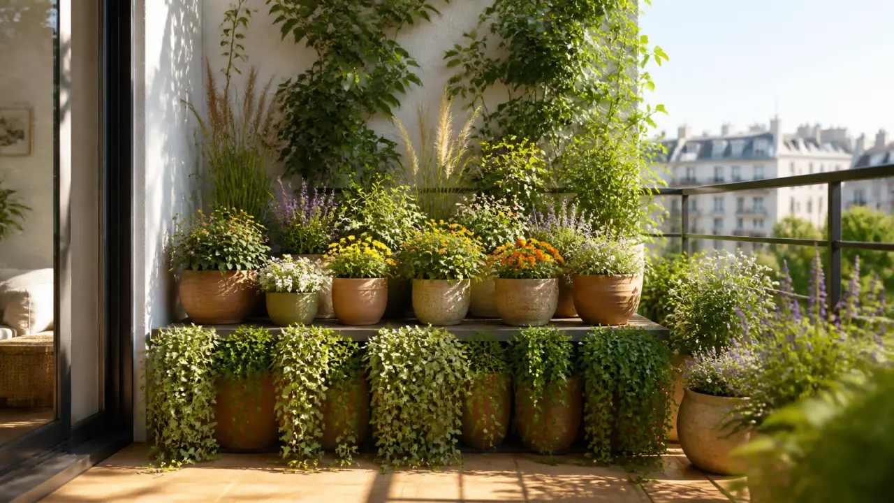 Balcon fleuri composé en trois strates avec pots en terre cuite, jardinières et plantes retombantes