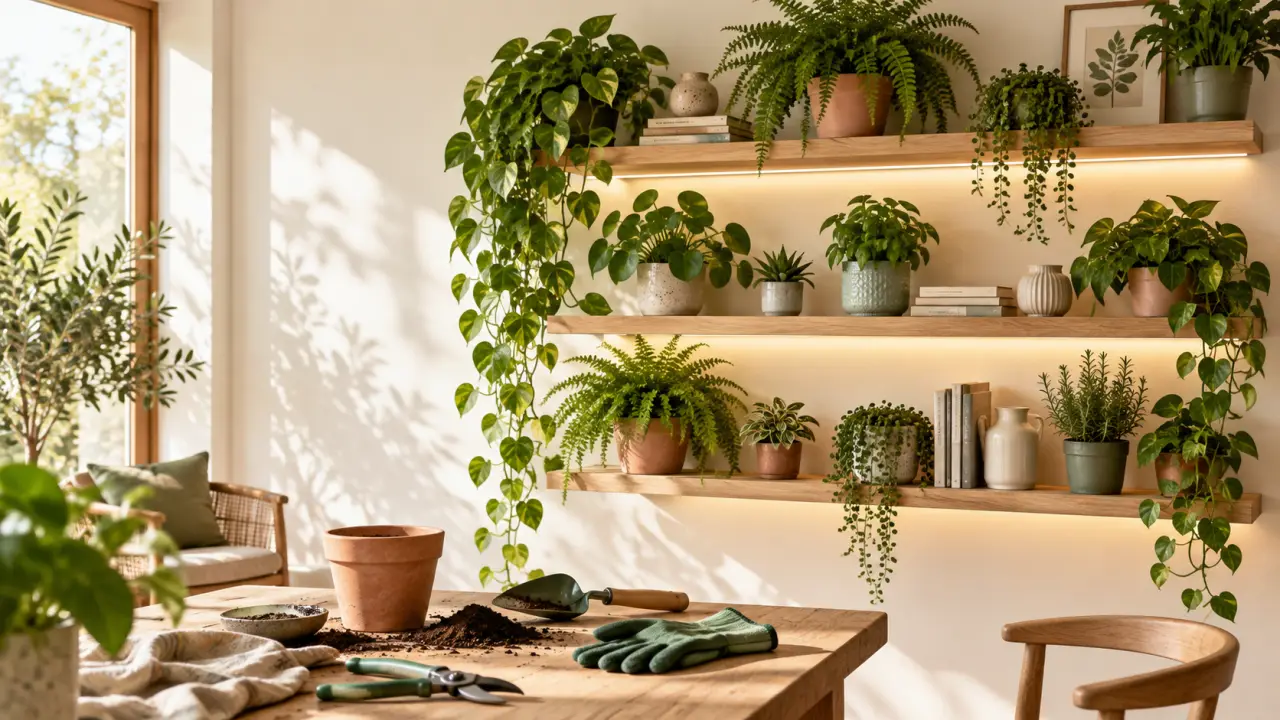 Étagère végétale lumineuse avec plantes d'intérieur, pots artisanaux et lumière naturelle
