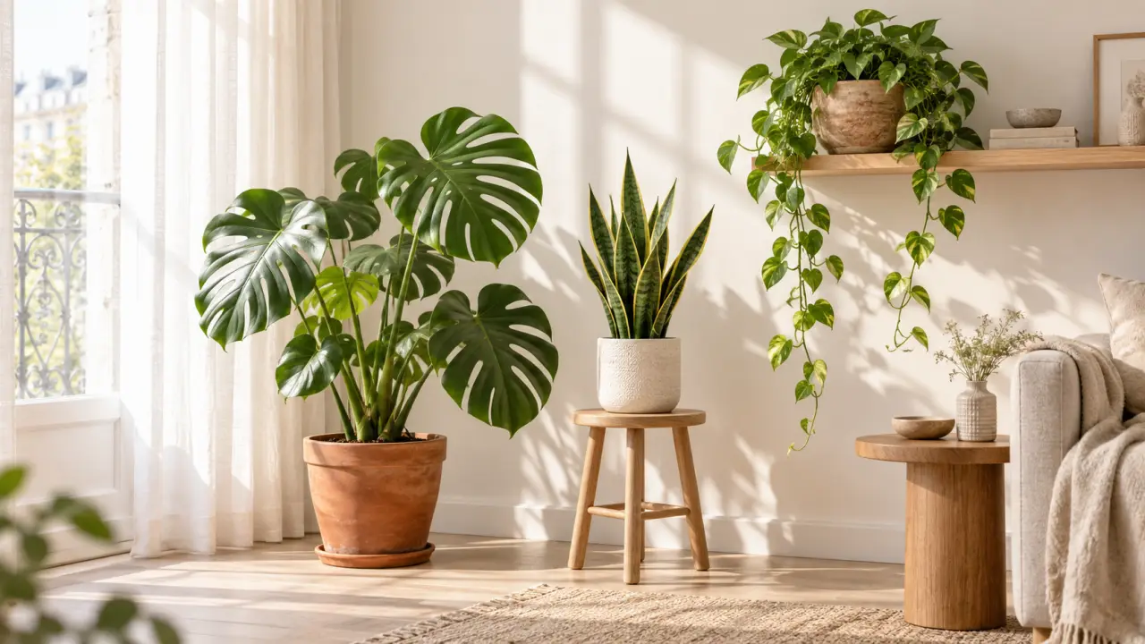 Trois plantes d'intérieur disposées dans des pots élégants au sein d'un décor lumineux