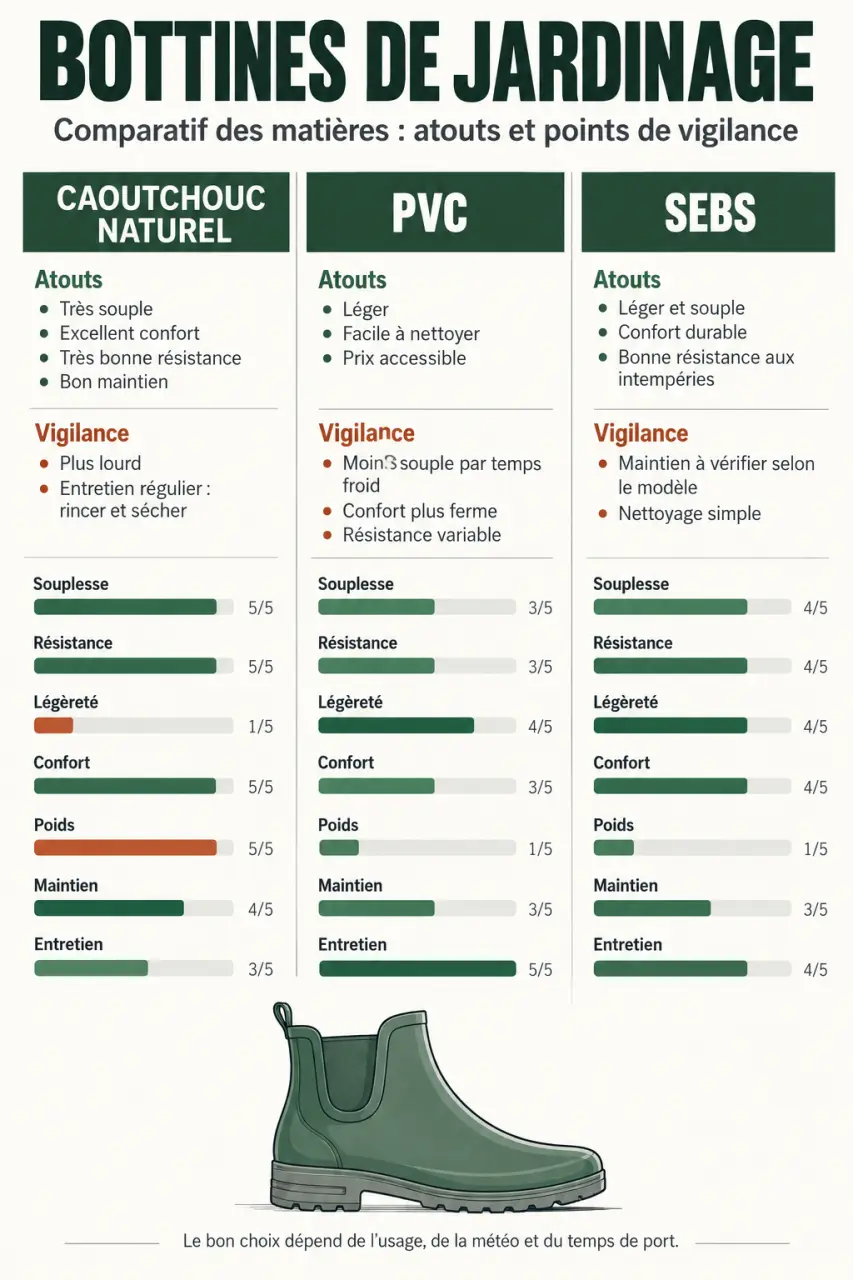 Infographie comparative des matières des bottines de jardinage : caoutchouc naturel, PVC et SEBS