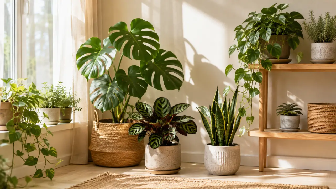 Salon lumineux avec Monstera deliciosa, pots artisanaux et ambiance végétale chaleureuse