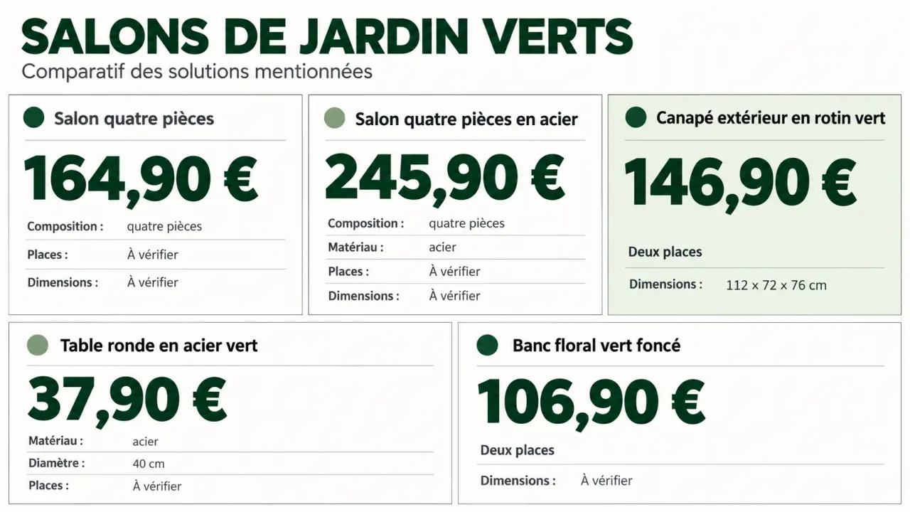 Comparaison de salons de jardin vert avec prix, compositions et dimensions