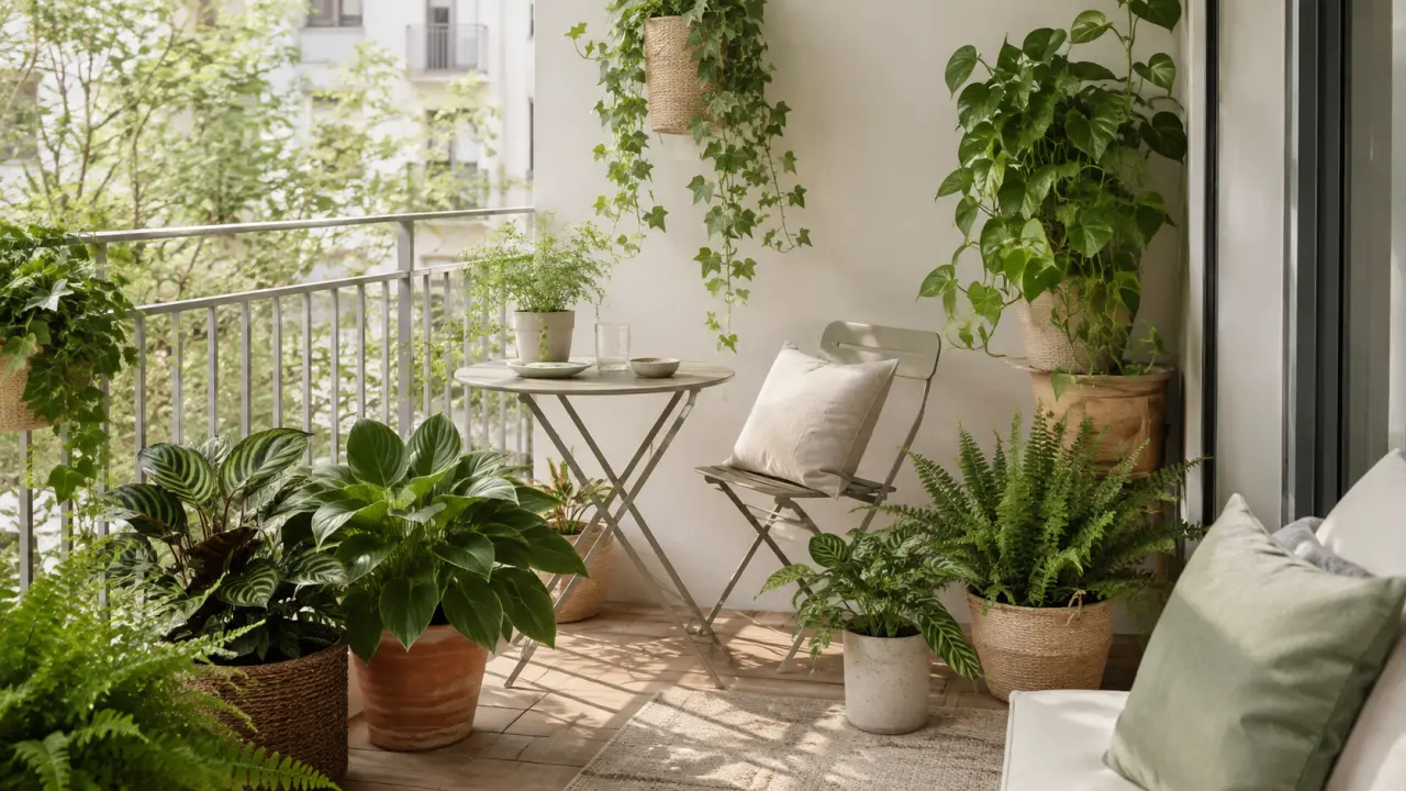 Balcon ombragé aménagé avec des plantes en pots légers, ambiance naturelle et décorative