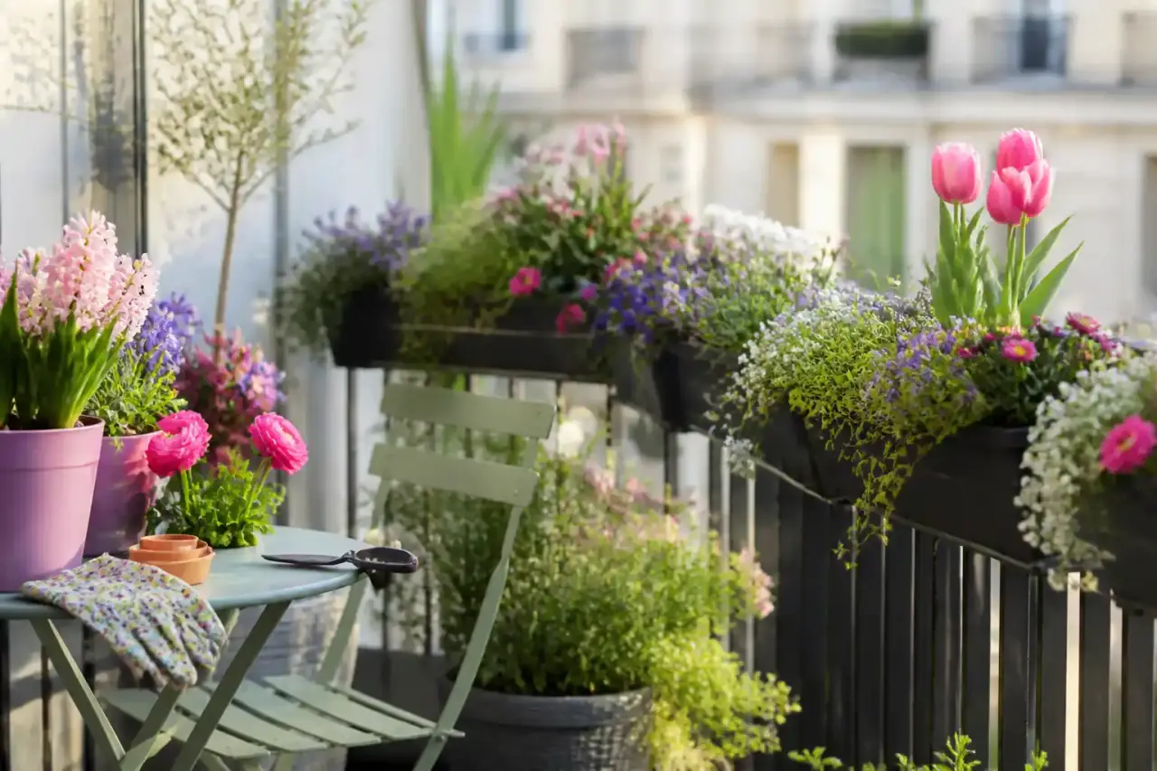 Un magnifique balcon fleuri au printemps avec des jardinières colorées et des outils de jardinage