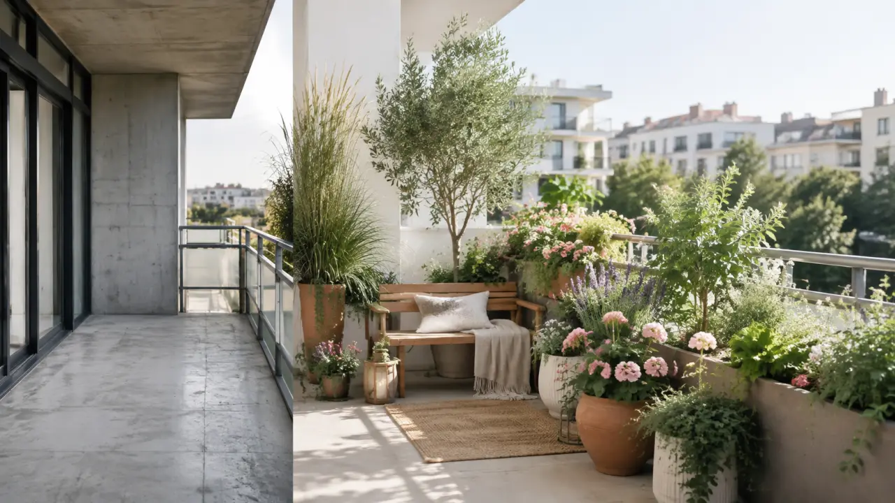 Balcon en béton transformé en espace fleuri avec des plantes et des pots élégants