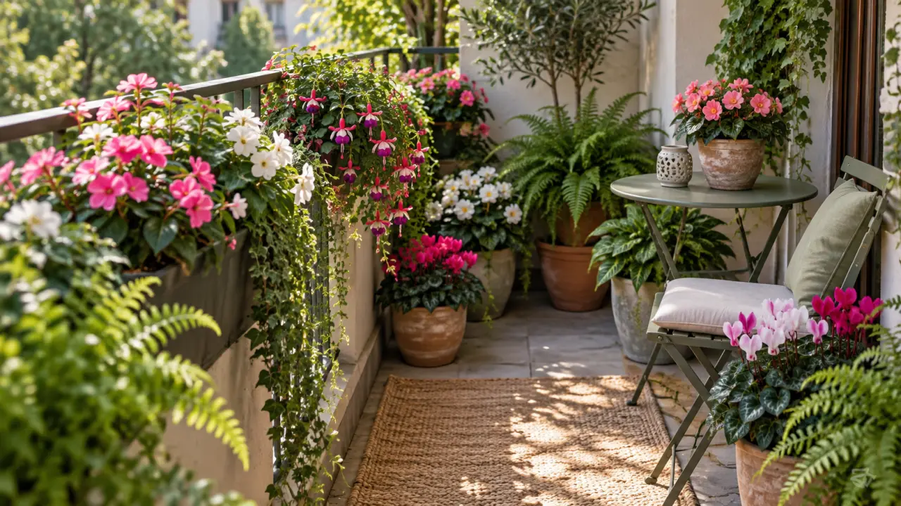 Balcon ombragé fleuri avec des plantes en pots et des feuillages élégants