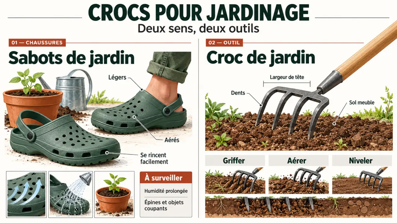 Infographie sur les crocs pour jardinage : chaussures Crocs et croc de jardin à dents