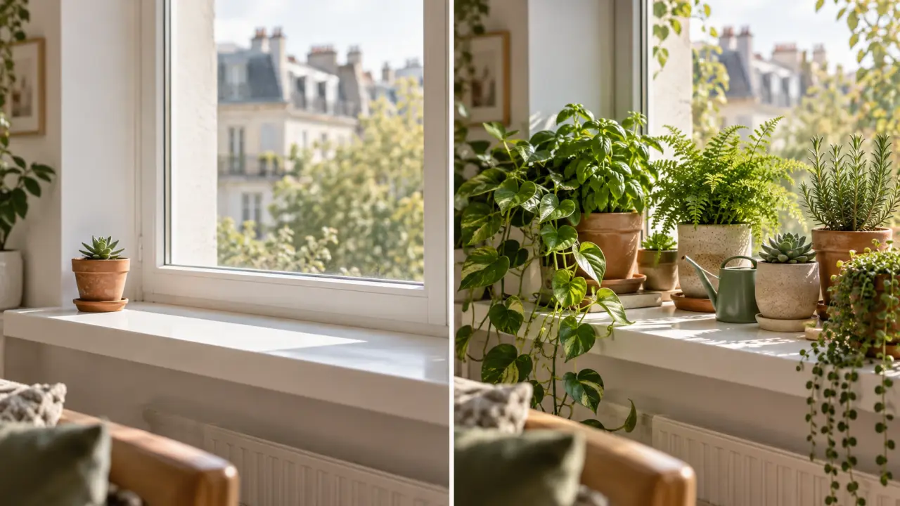 Rebord de fenêtre aménagé avec plusieurs plantes dans des pots artisanaux