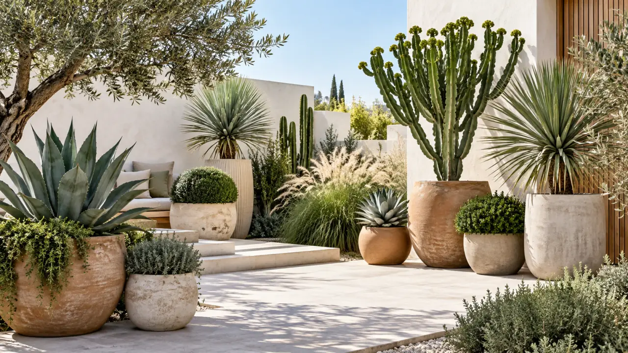 Composition de plantes sculpturales dans un intérieur lumineux et chaleureux