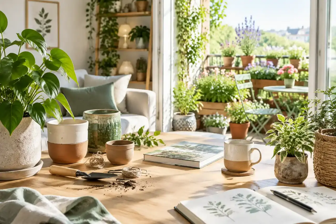 Intérieur lumineux décoré de plantes vertes luxuriantes et de pots artisanaux