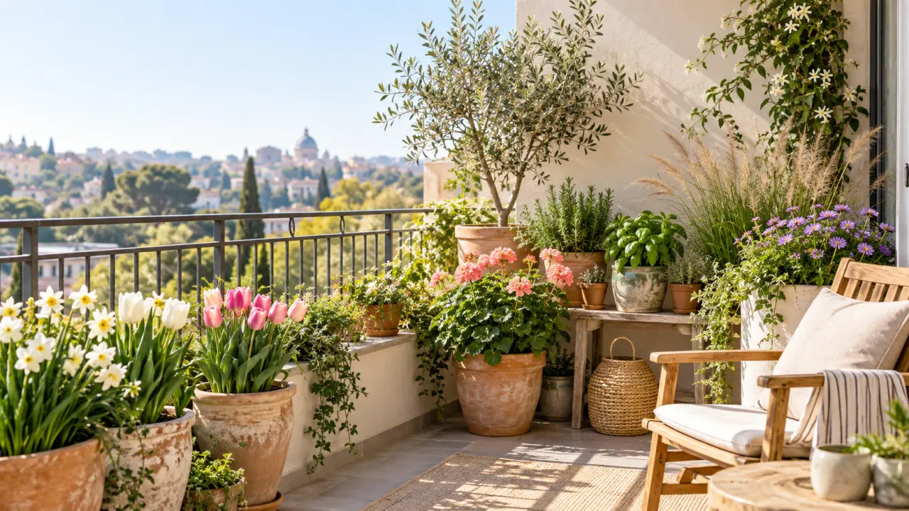 Balcon fleuri composé de plantes et de fleurs au fil des saisons