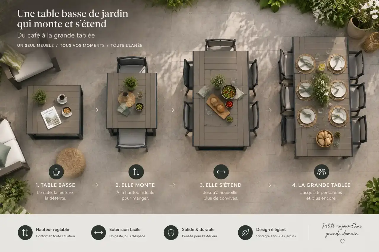 Une table basse de jardin qui monte et s’étend, du café à la grande tablée